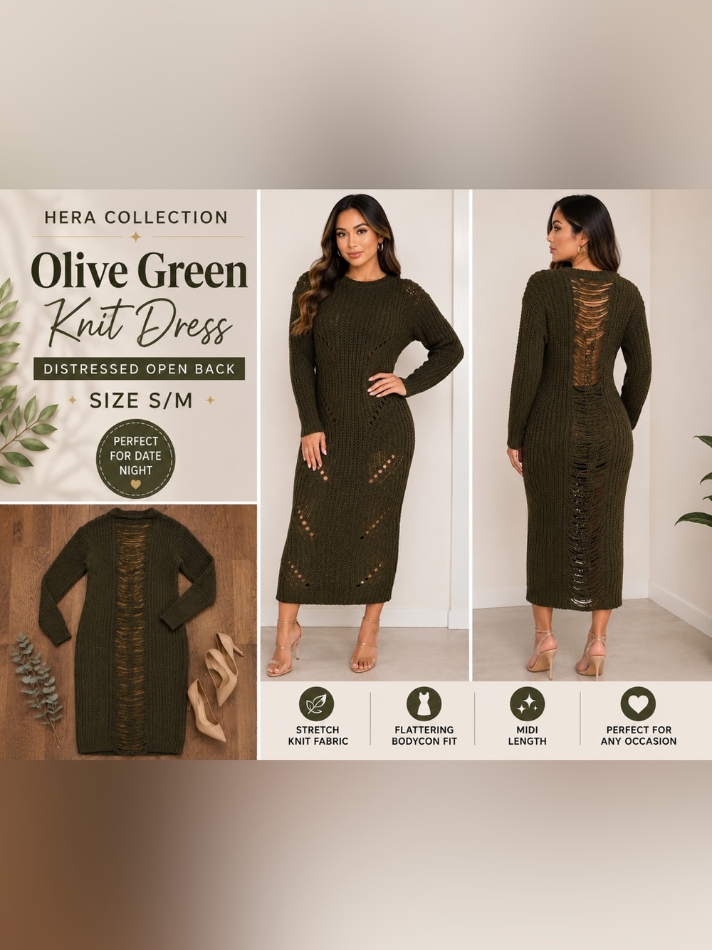 Hera Collection Olive Green Distressed Back Knit Midi Dress Size S/M